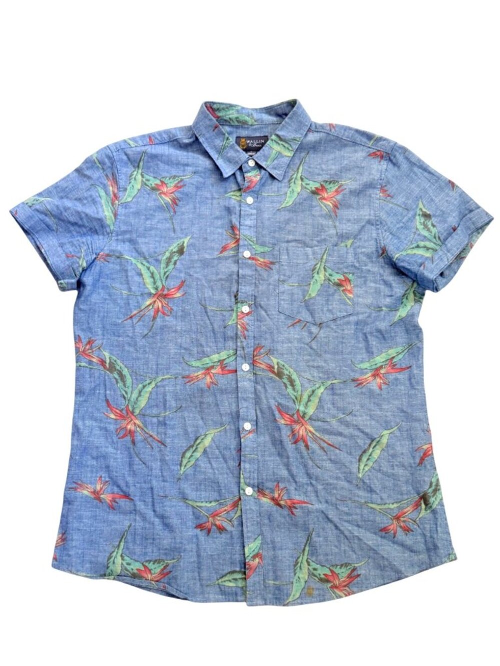Wallin & Bros Men's Button Front Shirt L Blue Chambray Tropical Resort Hawaiian